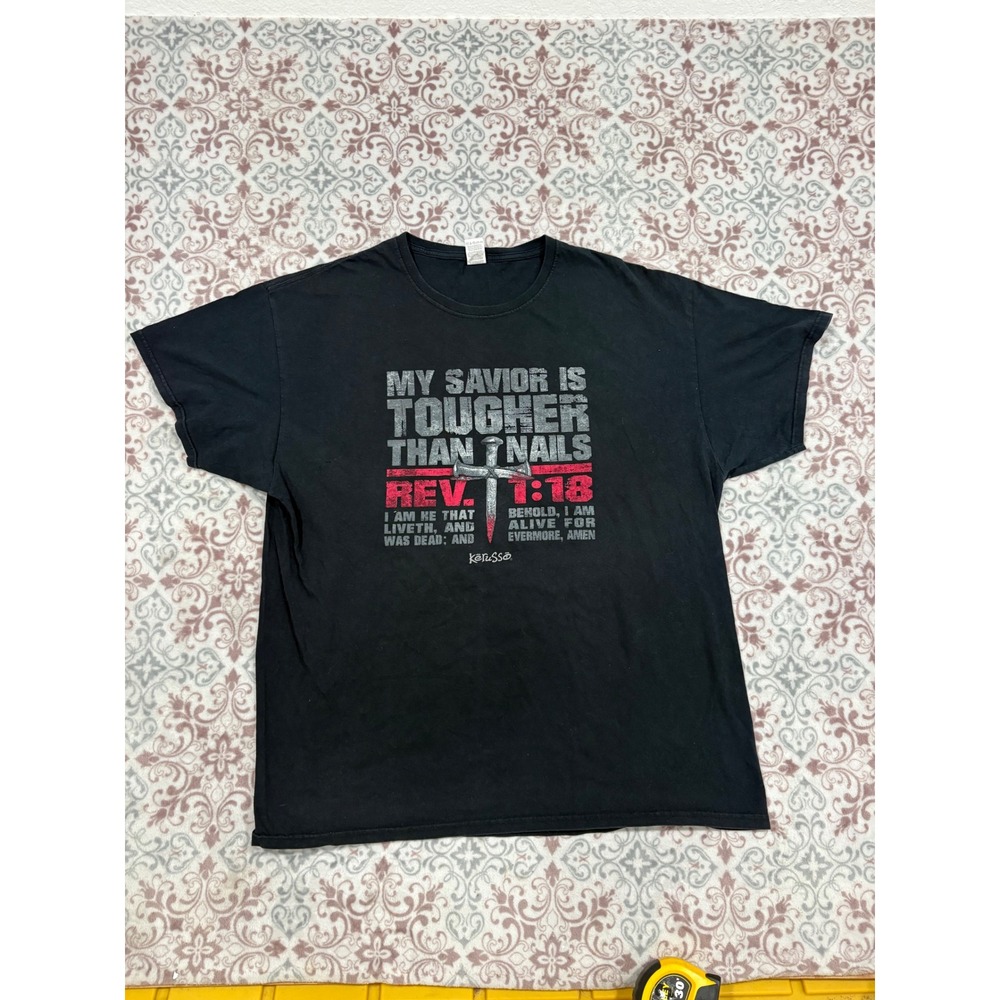 Kerusso My Savior Is Tougher Than Nails Christian T-Shirt Black XL Rev 1:18